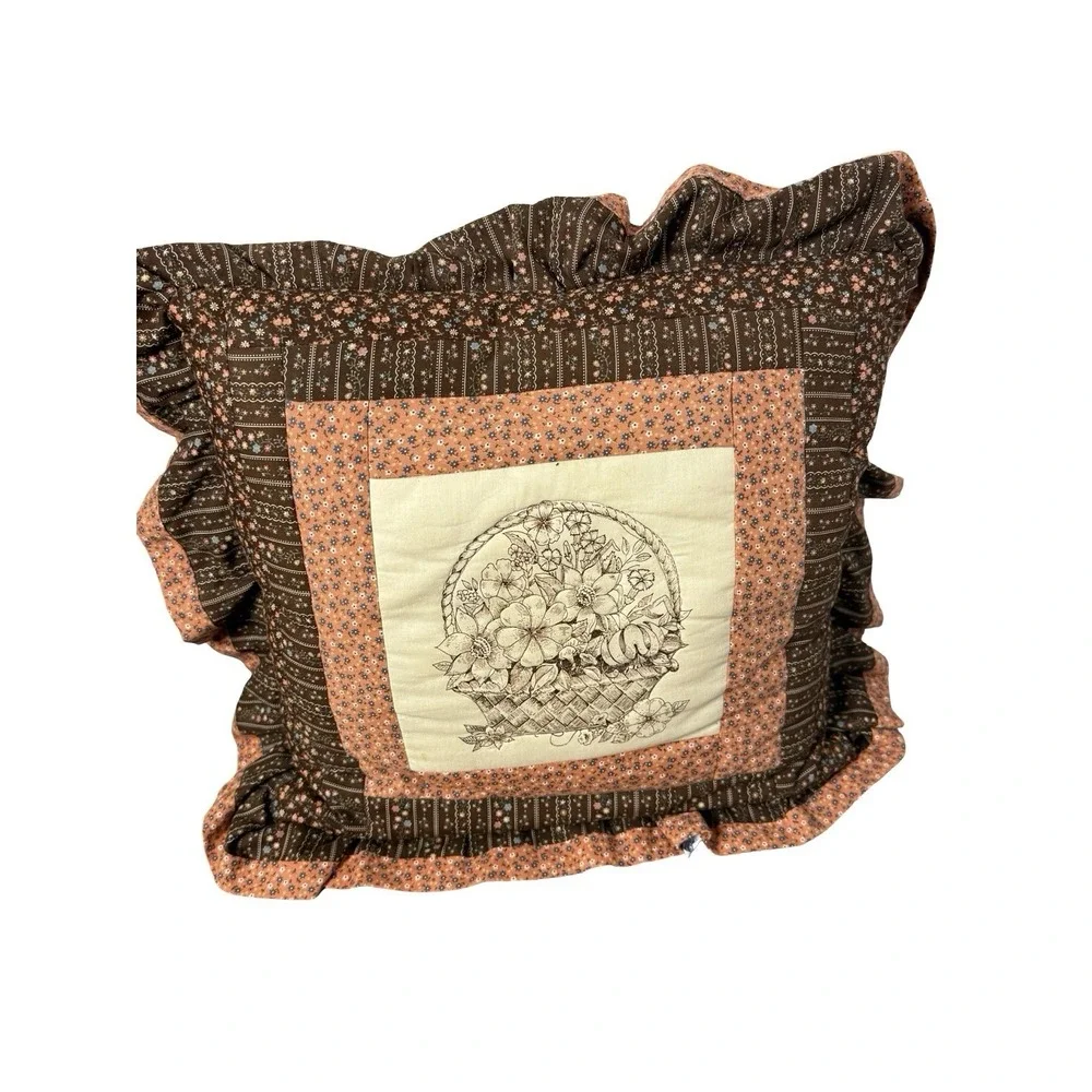VTG Throw Pillow‎ Quilt Brown pink Floral Grandmacore 14x14